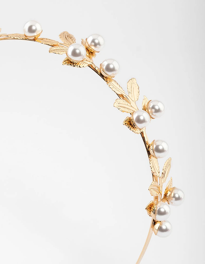 Gold Small Pearl Leaf Headband