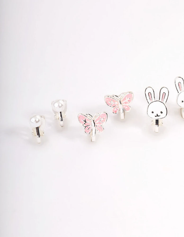 Kids Bunny Flower Clip On Earrings 6-Pack