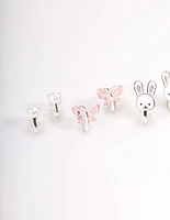 Kids Bunny Flower Clip On Earrings 6-Pack