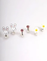 Kids Bunny Flower Clip On Earrings 6-Pack