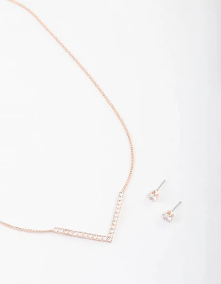 Rose Gold Cubic Zirconia V Necklace & Stud Earrings Set