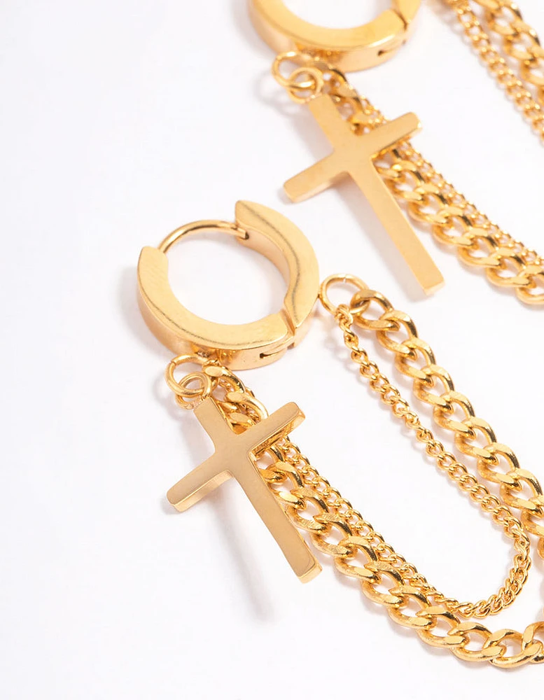 Waterproof Gold Plated Stainless Steel Cross Chain Drop Huggie Earrings