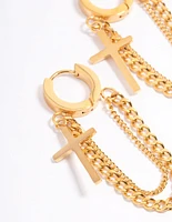 Waterproof Gold Plated Stainless Steel Cross Chain Drop Huggie Earrings