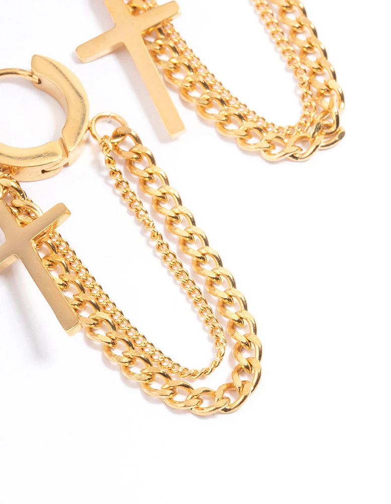 Waterproof Gold Plated Stainless Steel Cross Chain Drop Huggie Earrings