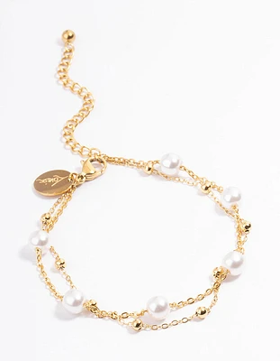 Waterproof Gold Plated Stainless Steel Double Layer Pearl Ball Bracelet