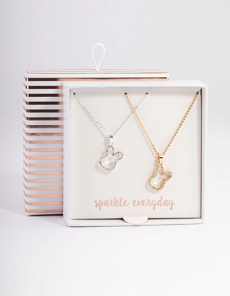 Mixed Metal Pave Diamante Bunny Necklace Pack