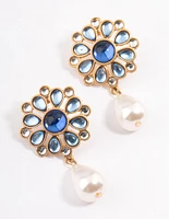 Blue Mosiac Stone Pearly Drop Earrings