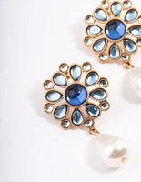 Blue Mosiac Stone Pearly Drop Earrings