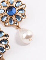 Blue Mosiac Stone Pearly Drop Earrings