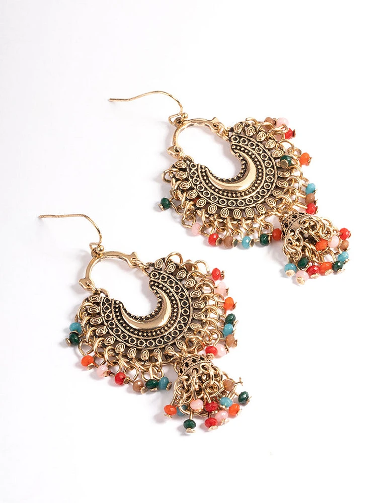 Antique Gold Multi Bead Drop Jhumka Earrings