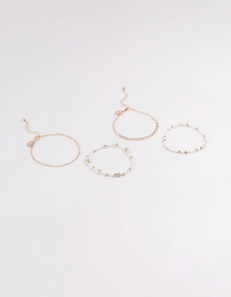 Rose Gold Mixed Bead & Pearl Chain Bracelet 4-Pack