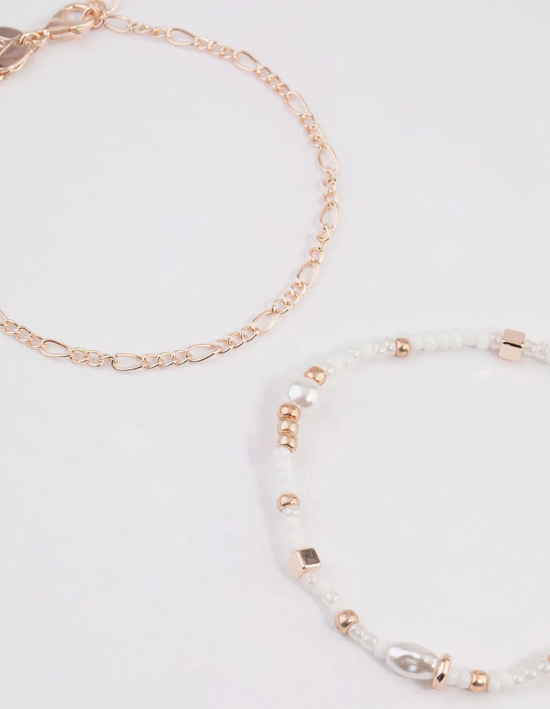 Rose Gold Mixed Bead & Pearl Chain Bracelet 4-Pack