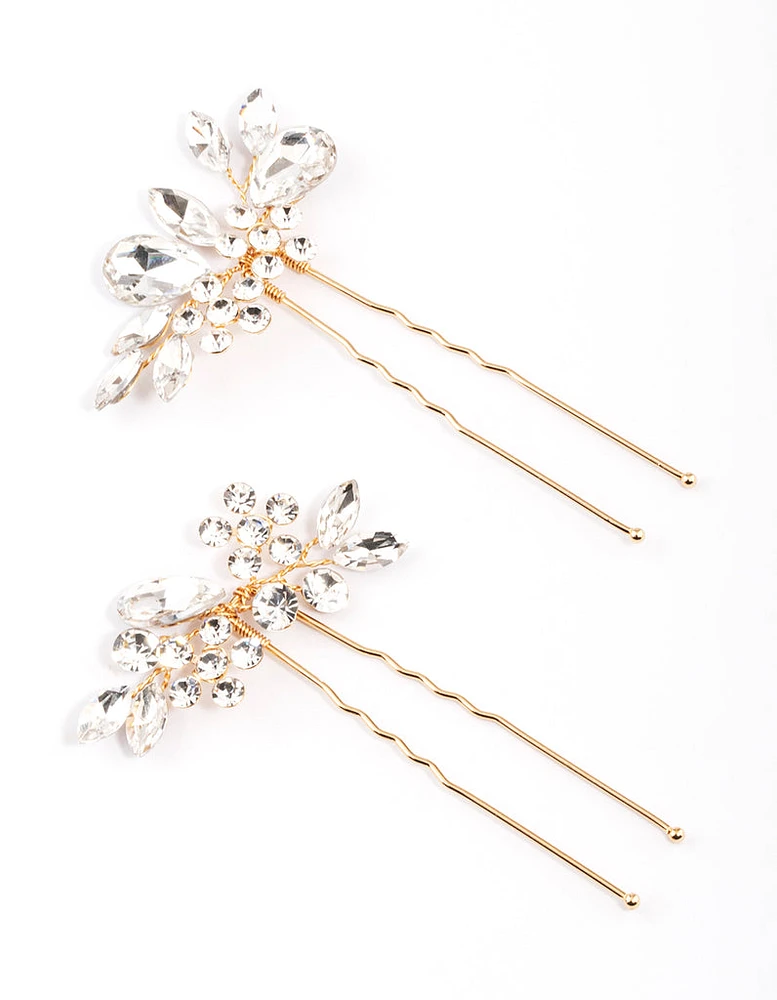 Gold Crystal Leaf Hair Pins Pack