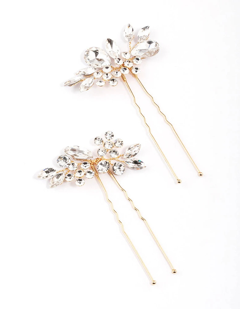 Gold Crystal Leaf Hair Pins Pack