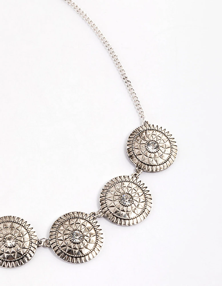 Antique Silver Diamante Pattern Disc Necklace