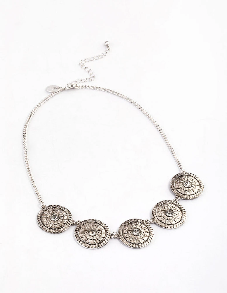 Antique Silver Diamante Pattern Disc Necklace