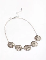 Antique Silver Diamante Pattern Disc Necklace