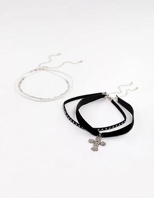 Silver Multi Cross Pearl Choker Pack