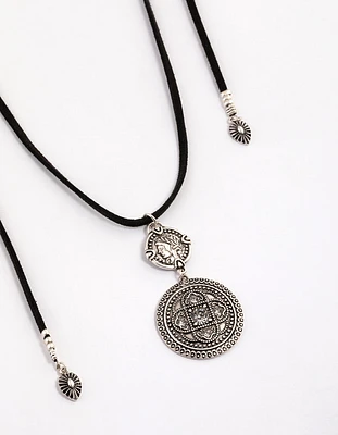 Antique Silver Multi Disc Suede Cord Layered Necklace