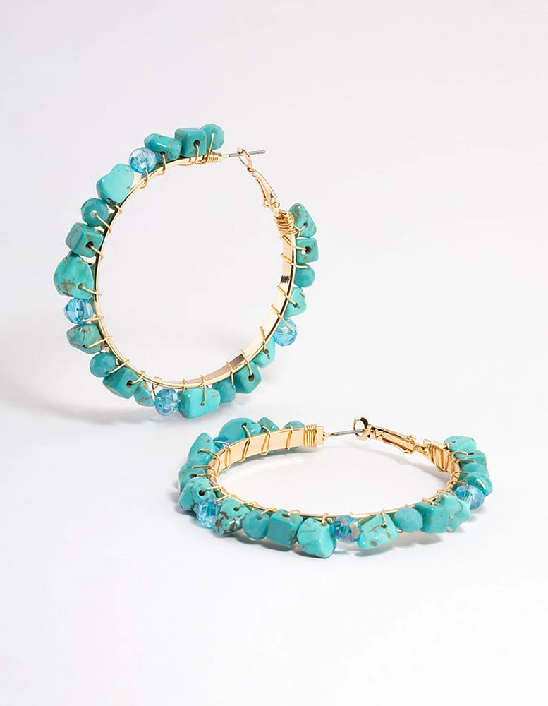 Gold Semi Precious Stone Big Hoop Earrings