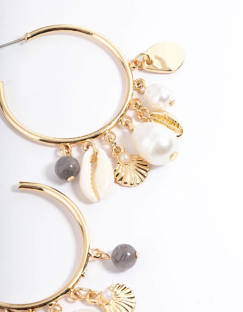 Gold Mixed Motif Pearl Hoop Earrings