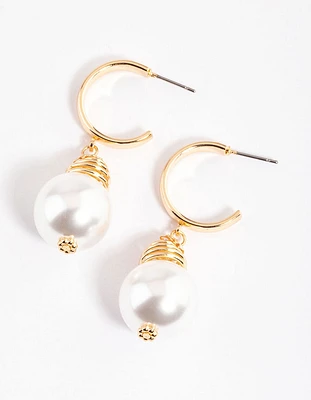 Gold Coil Pearl Hoop Earrings