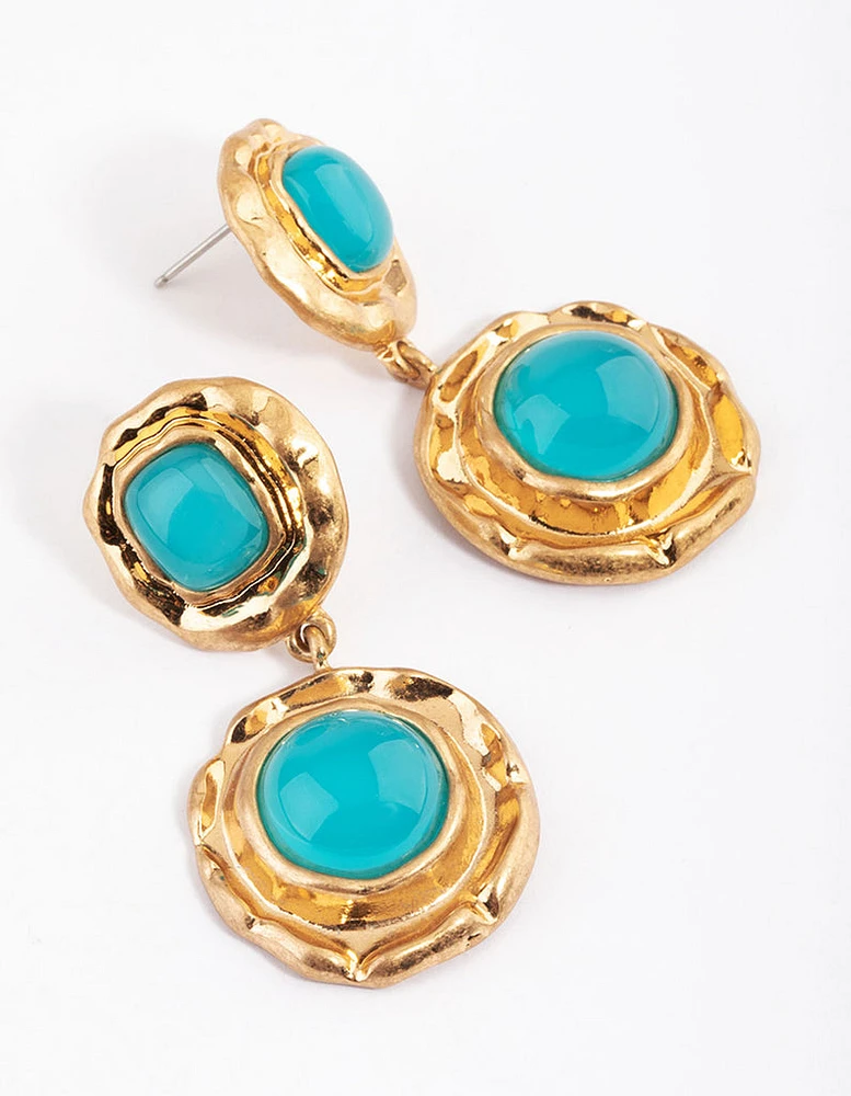 Gold & Turquoise Molten Round Drop Earrings