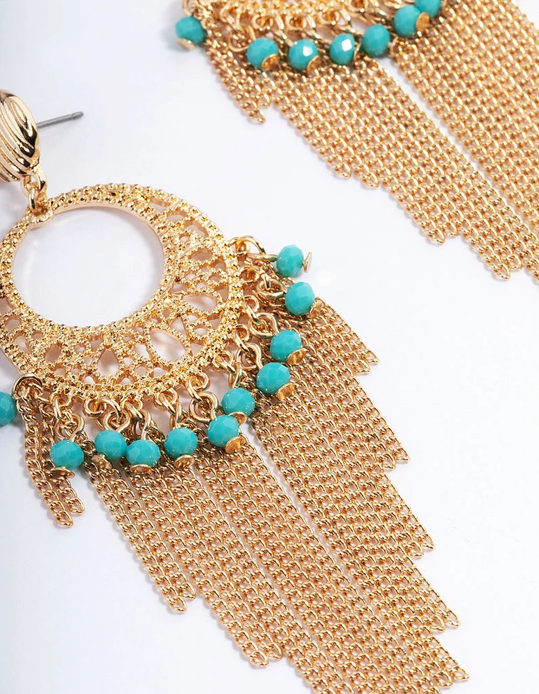 Gold Blue Beaded Tassel Drop Chandbali Earrings