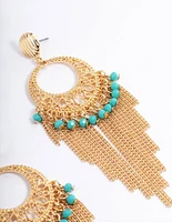 Gold Blue Beaded Tassel Drop Chandbali Earrings