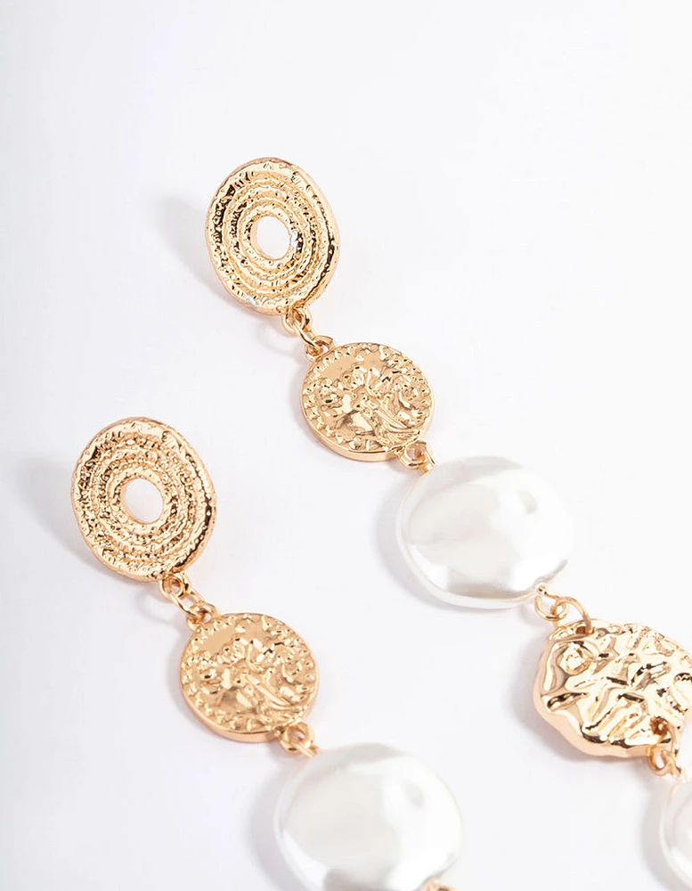 Gold Mixed Texture Pearl Drop Earrings