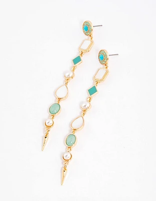 Gold Long Mixed Stone Drop Earrings