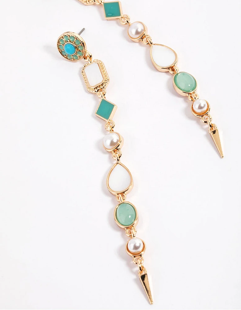 Gold Long Mixed Stone Drop Earrings