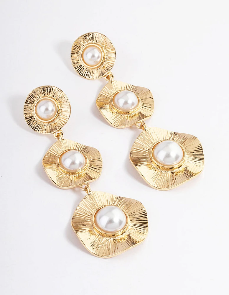 Gold Statement Pearl Textured Disc Earrings