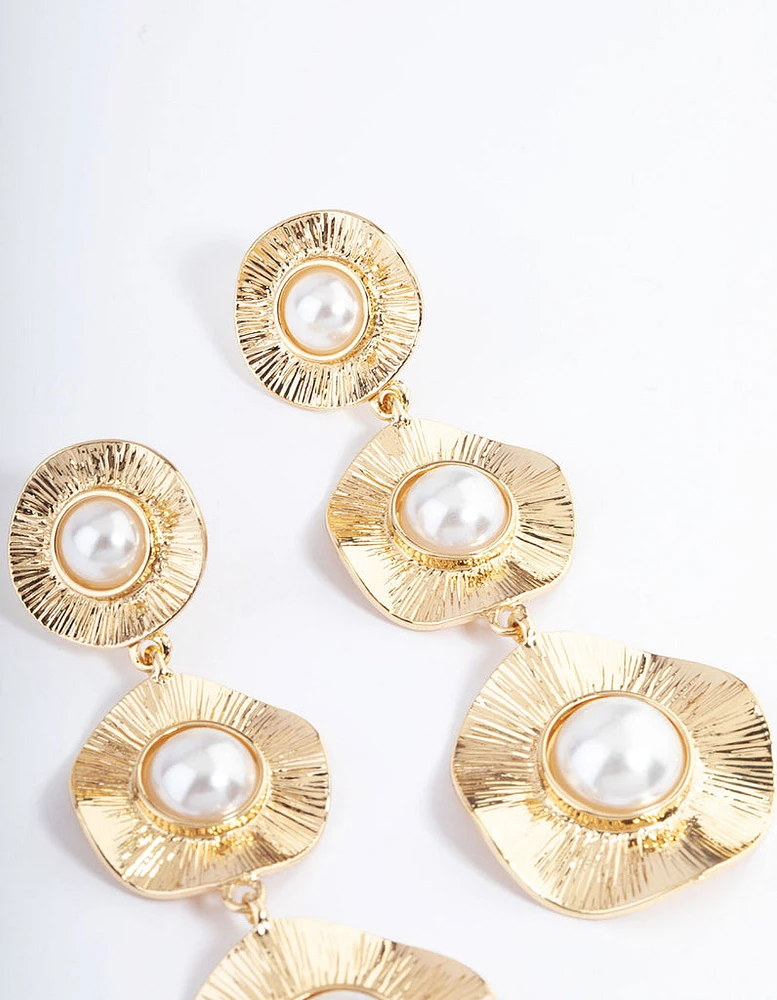 Gold Statement Pearl Textured Disc Earrings