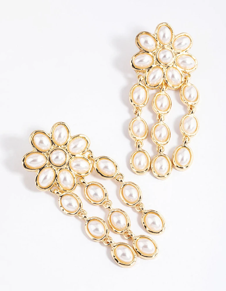 Gold Statement Pearl Flower Drop Earrings