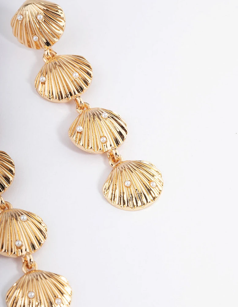 Gold Shell Pearl Drop Earrings