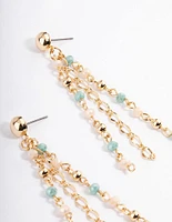 Gold Mixed Three Tassel Bead Drop Earrings