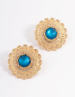 Gold Vintage Stone Filigree Stud Earrings