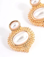 Gold Double Pearl Text Stud Earrings