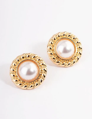 Gold Vintage Rope Pearl Stud Earrings