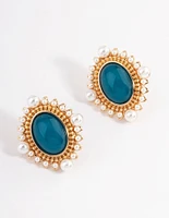 Gold Stone Pearl Stud Earrings