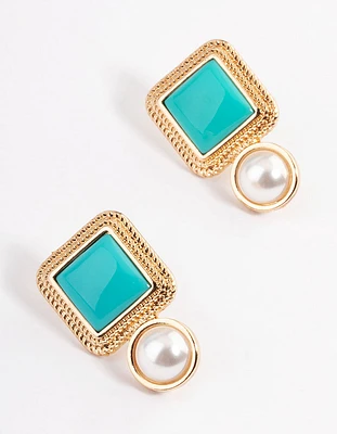 Gold Square Stone Round Pearl Stud Earrings