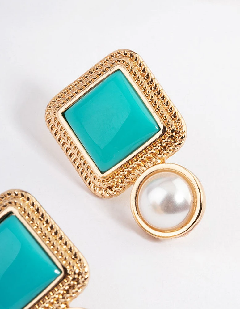 Gold Square Stone Round Pearl Stud Earrings