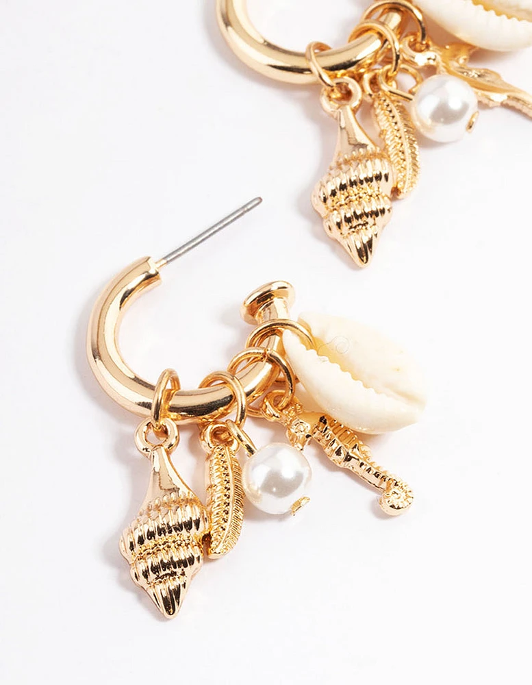 Gold Mixed Motif Beachy Hoop Earrings