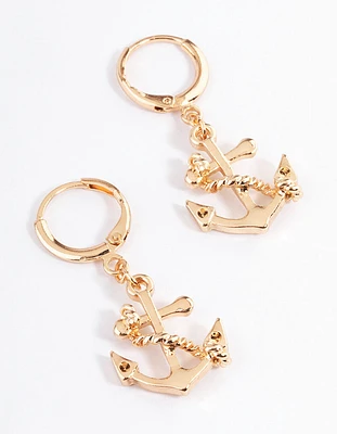 Gold Nautical Anchor Huggie Earrings