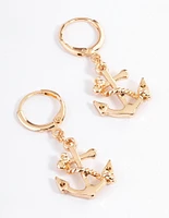 Gold Nautical Anchor Huggie Earrings