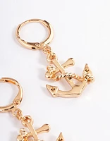Gold Nautical Anchor Huggie Earrings