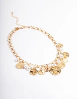 Gold Mixed Pearl & Pendant Coin Necklace