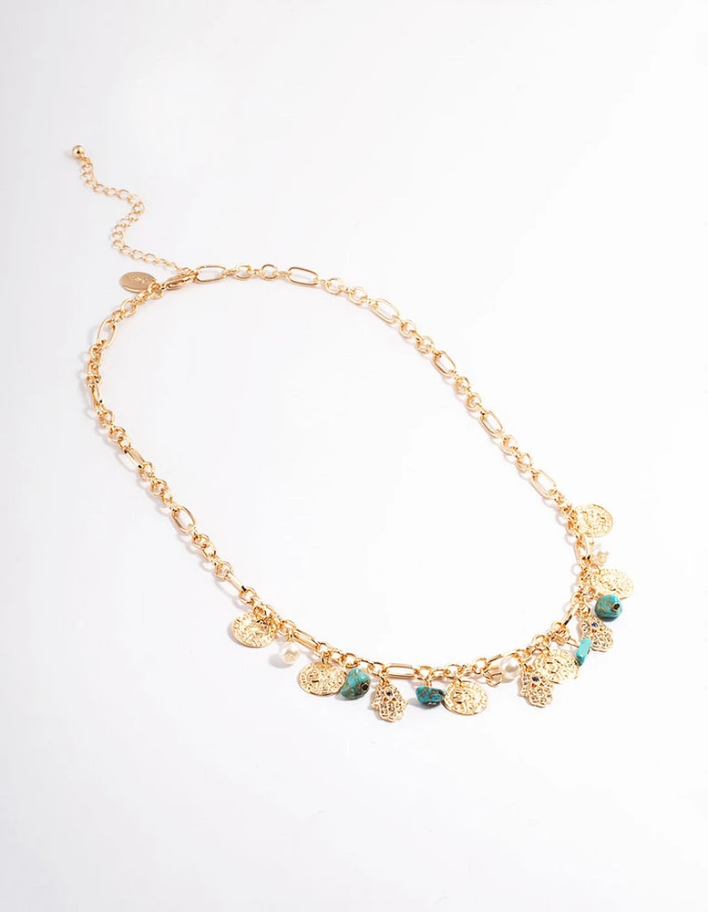 Gold Mixed Stone Coin & Hand Motif Necklace