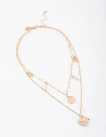 Gold Double Row Pearl Hammered Disc Necklace